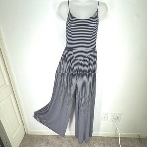 American Eagle Striped Wide‎ Leg Jumpsuit Basque Waist Navy White Small Coastal